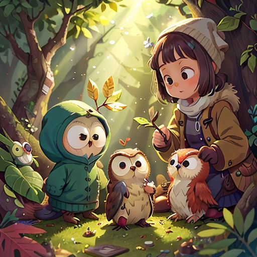 a girl standing in the woods with owls and an owl cub in front of her, surrounded by leaves