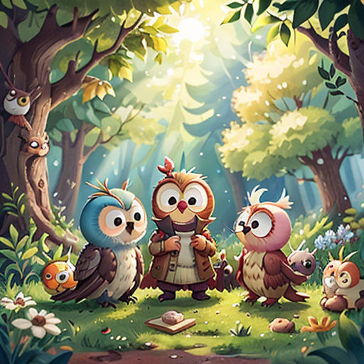 a group of owls sitting in the middle of a forest with a light shining through the trees and a book