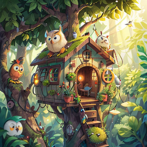 a tree house with owls sitting on top of it in the forest with a light on the roof and a ladder leading up to it