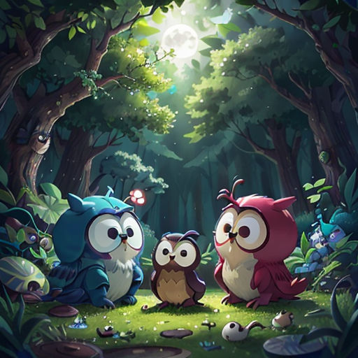 three owls sitting in the middle of a forest with a light shining on them and a forest background with trees and leaves