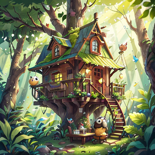 a tree house in the middle of a forest with lots of trees and plants on it, with a staircase leading to the upper level