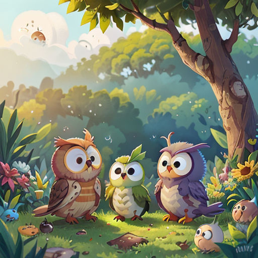a group of owls sitting on a lush green field next to a tree and a forest filled with birds