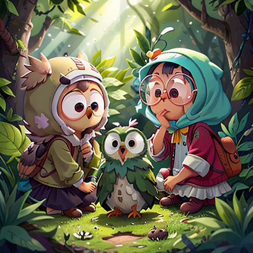 two children are standing in the woods with an owl and an owl on their lapel, and one is looking at the owl