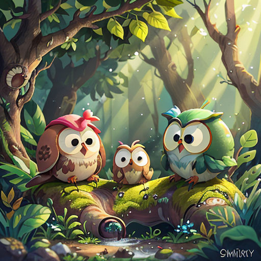 three owls sitting on a mossy rock in the woods with a stream running through it and a forest background