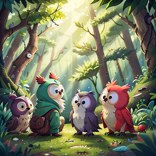 a group of owls sitting in the middle of a forest with a sun shining through the trees behind them