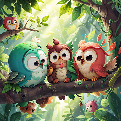 a group of owls sitting on a branch in a forest with leaves and flowers on the branches, with a bright light shining through the background