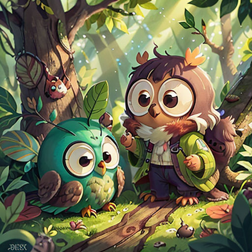 an owl and an owl in the forest with a bird on its shoulder and another owl on the ground