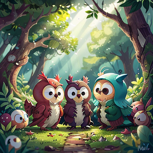 a group of owls sitting in the middle of a forest with trees and leaves around them, with a path leading to them
