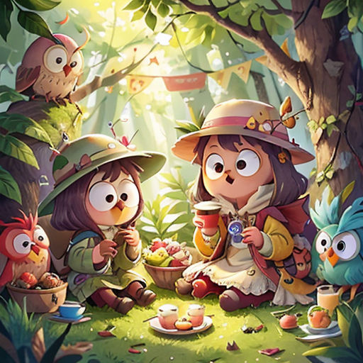 a group of children sitting in the woods eating food and drinking teas with owls around them, and a bird on the ground