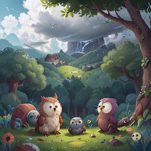a group of owls sitting on top of a lush green field next to a forest filled with trees and a mountain