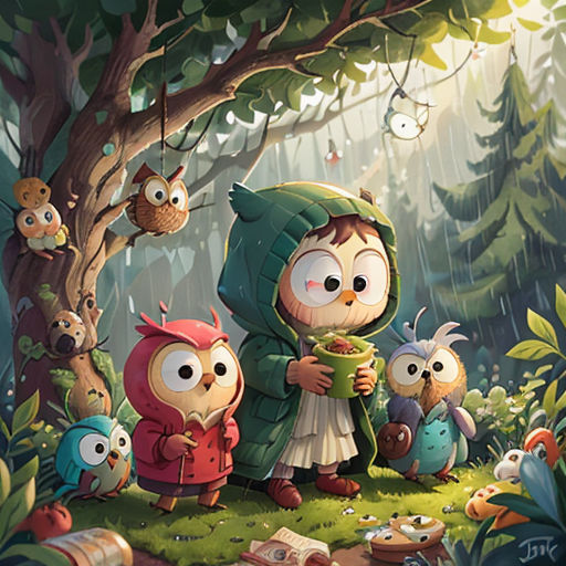 a group of owls standing next to a tree in the forest with a girl holding a cup of coffee
