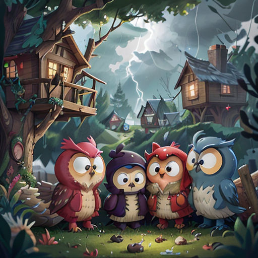 a group of owls standing in front of a tree house in the woods with a full moon in the background