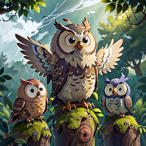 three owls sitting on top of a wooden post in the rain with a forest background behind them, with a sky background
