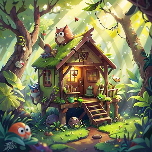 a small house in the middle of a forest with lots of animals around it and a staircase leading to it