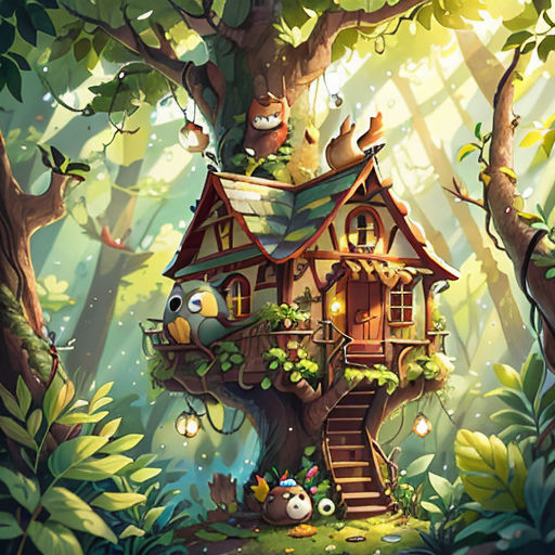 a tree house with a cat sitting on top of it in the middle of a forest with lots of trees
