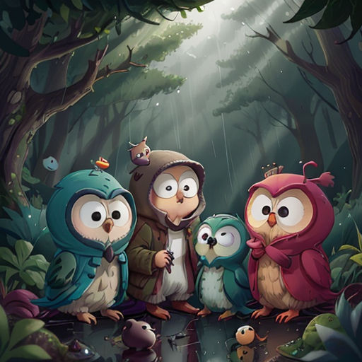 a group of owls standing in the rain in a forest with a man and two women in the rain