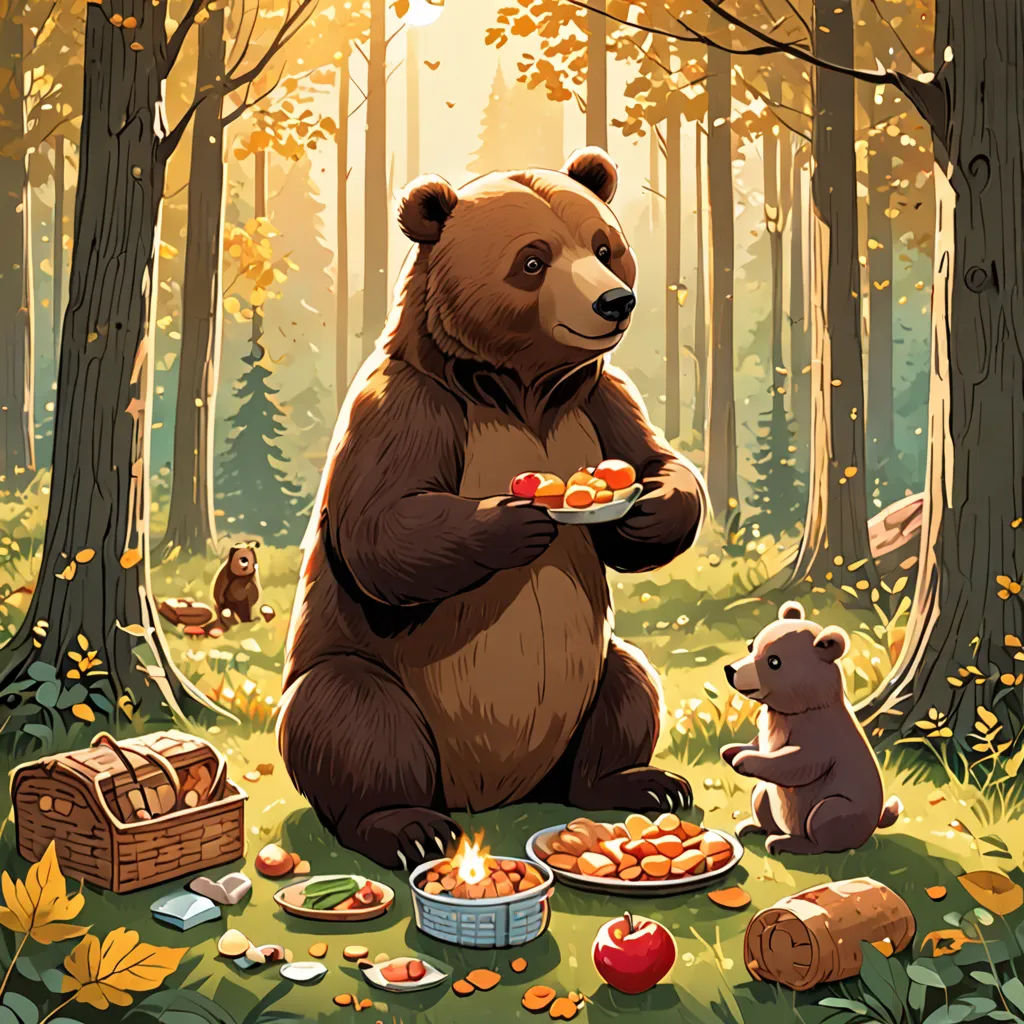 a bear and a bear cub are eating in the woods together, with a bear cub sitting on the ground, furry art, a storybook illustration, Chris LaBrooy, official art