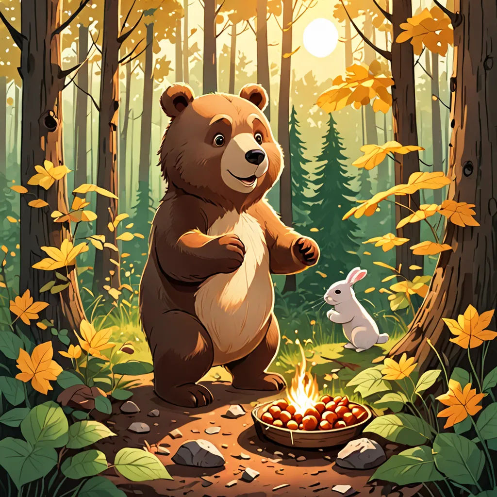 a bear and a rabbit are in the woods by a campfire with a fire pit in the foreground, furry art, a storybook illustration, Chris LaBrooy, official art