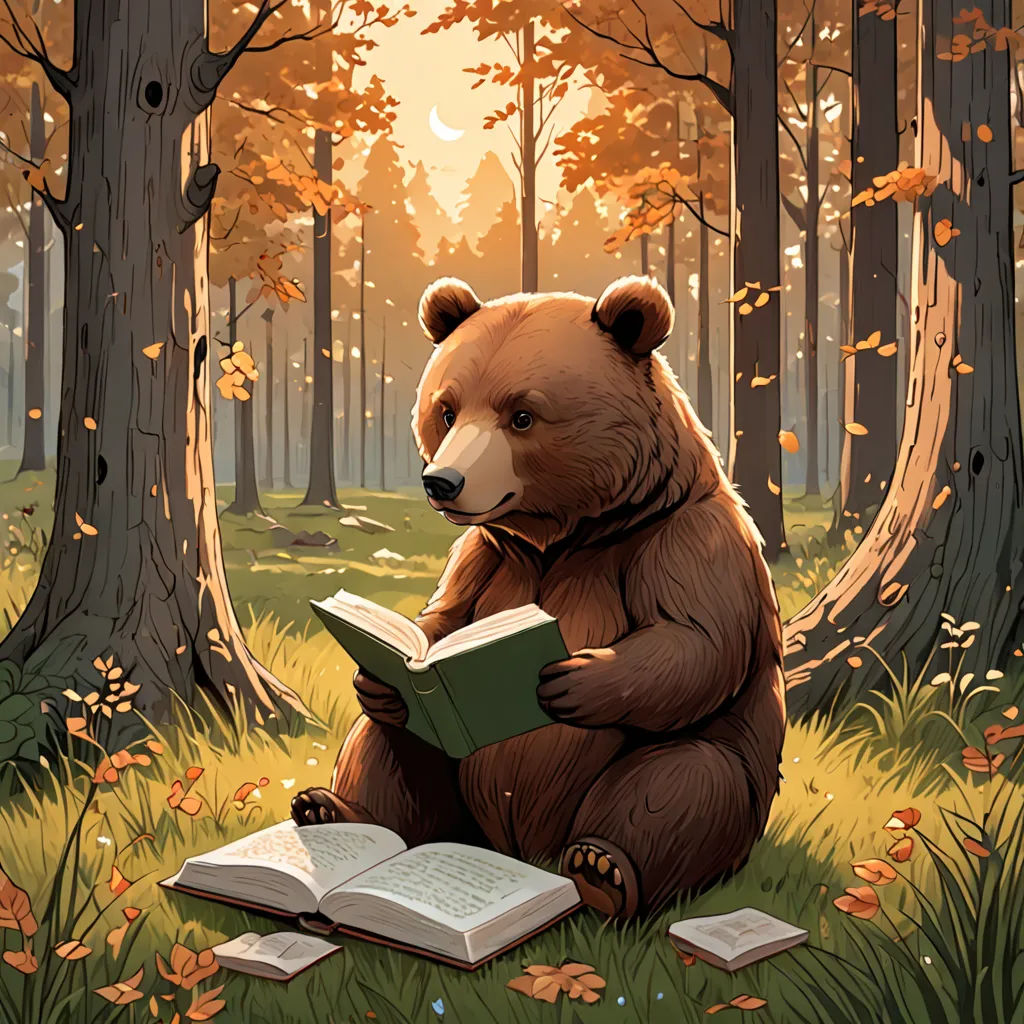 a bear sitting in the woods reading a book with a forest background and trees in the background, with leaves on the ground, fantasy art, a storybook illustration, Chris LaBrooy, storybook illustration