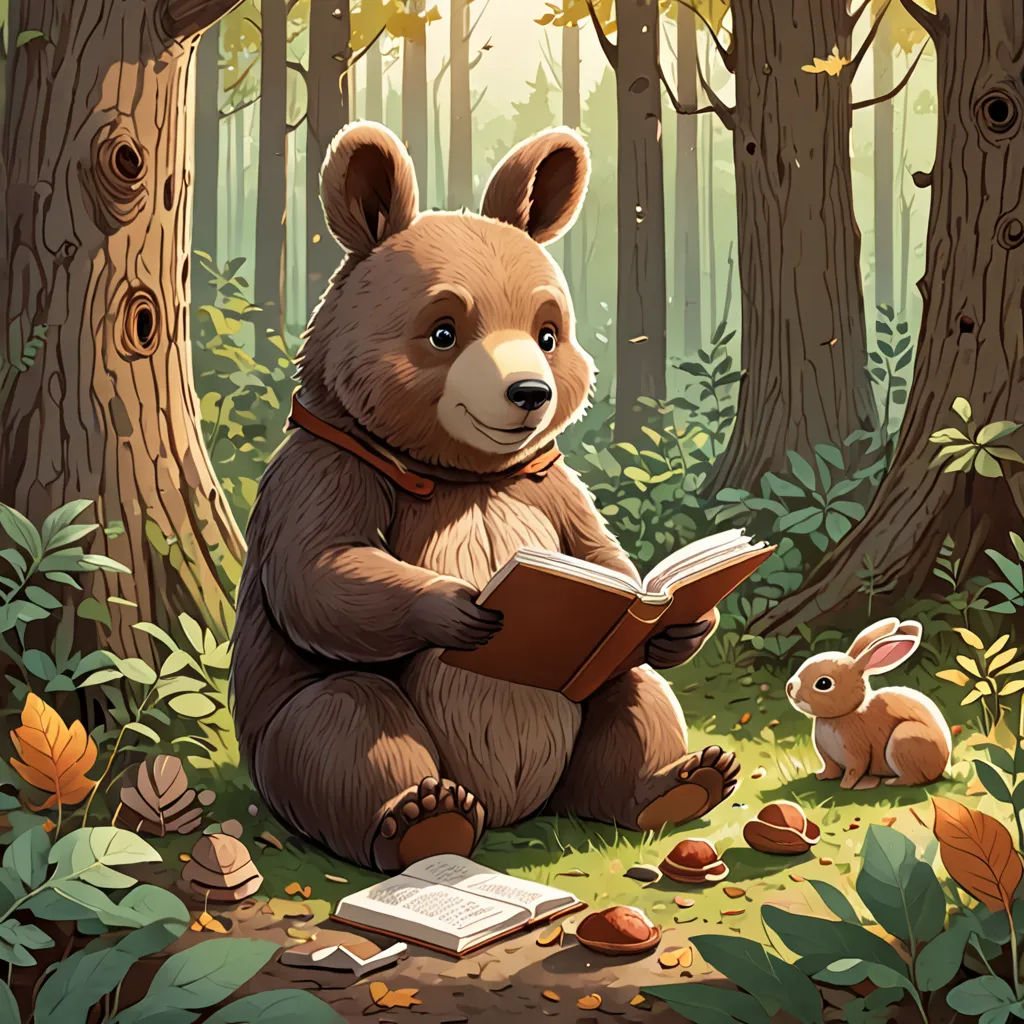 a bear sitting in the woods reading a book with a bunny nearby reading a book in the grass and trees, fantasy art, a storybook illustration, Chris LaBrooy, storybook illustration