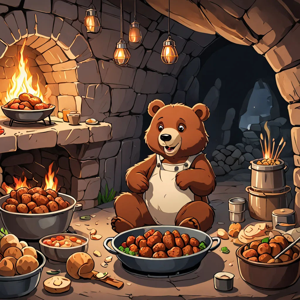 a bear sitting in front of a fire with a bowl of food in front of it and a fireplace in the background, sots art, a storybook illustration, Andreas Rocha, octopath traveler