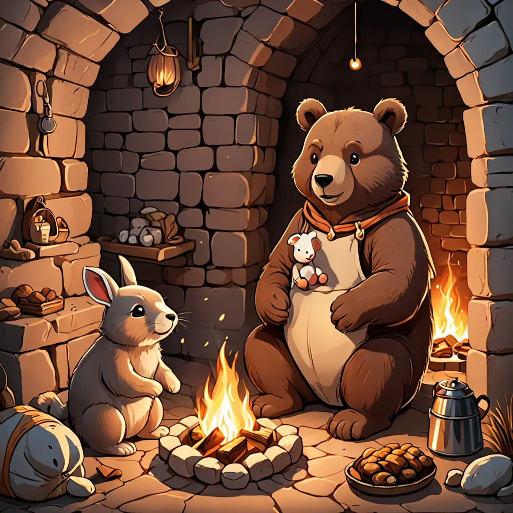 a bear and a rabbit sitting in front of a fireplace with a fire in it and a pot of food on the ground, fantasy art, a storybook illustration, Dan Mumford, octopath traveler