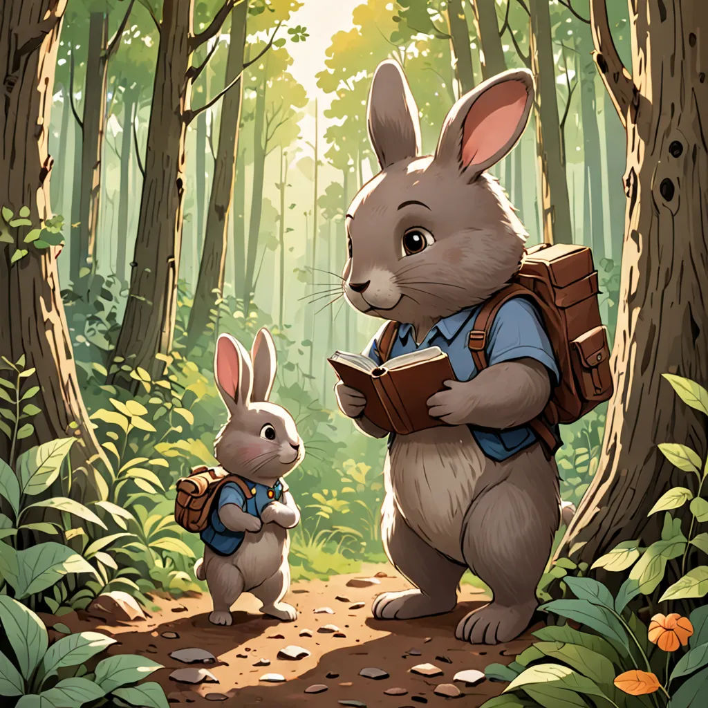 a rabbit and a bunny are standing in the woods reading a book together, with a forest background and sunlight coming through the trees, altermodern, a storybook illustration, Chris LaBrooy, rossdraws global illumination