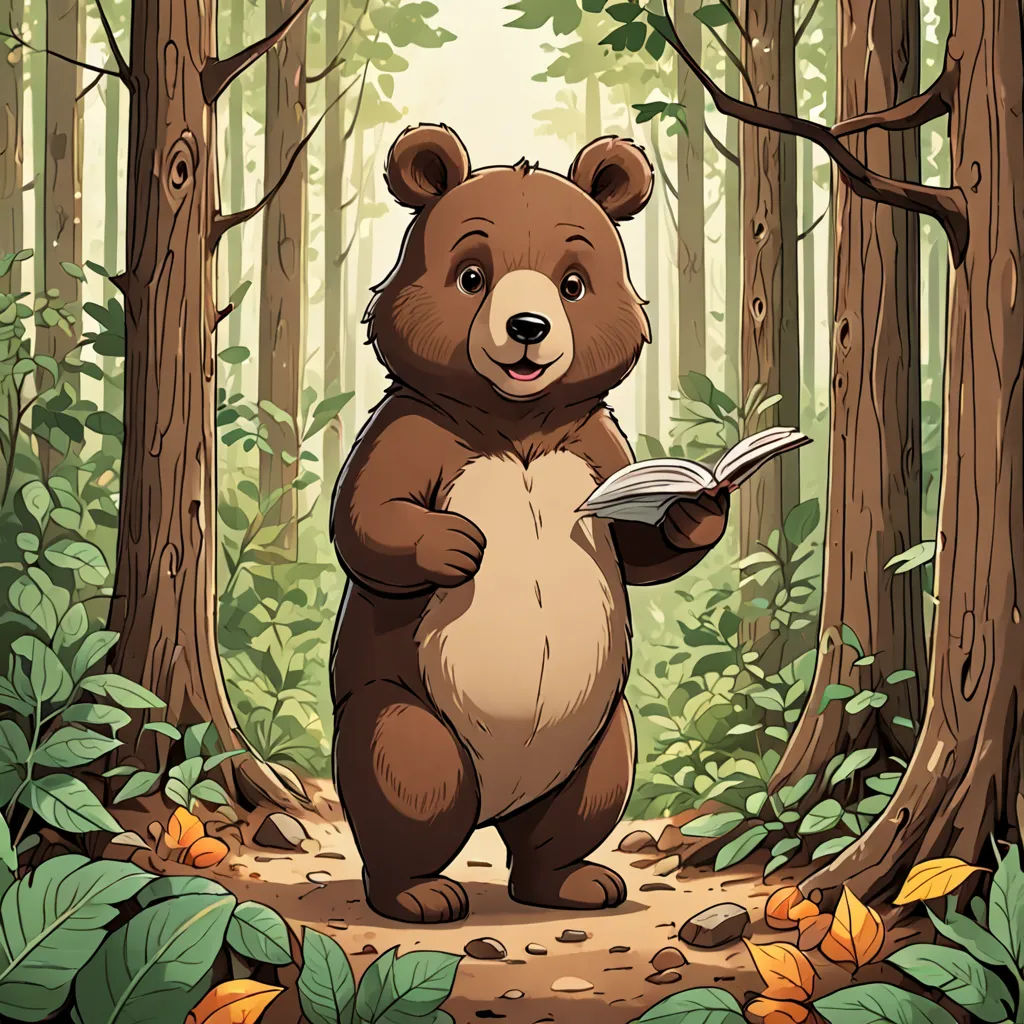 a bear is standing in the woods reading a book and smiling at the camera while holding a book in its paws, environmental art, a storybook illustration, Chris LaBrooy, storybook illustration