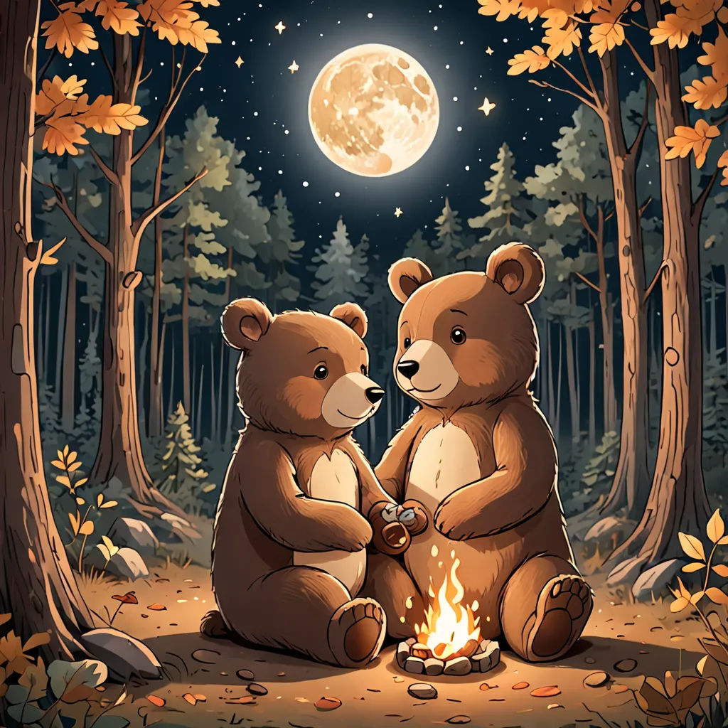 two bears sitting next to each other in the woods at night with a full moon in the background and a fire in the foreground, romanticism, a storybook illustration, Dan Mumford, official art