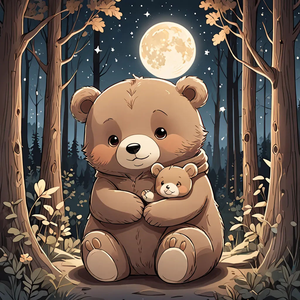 a teddy bear holding a baby bear in a forest at night with the moon in the sky above it, gothic art, a storybook illustration, Cyril Rolando, dark background