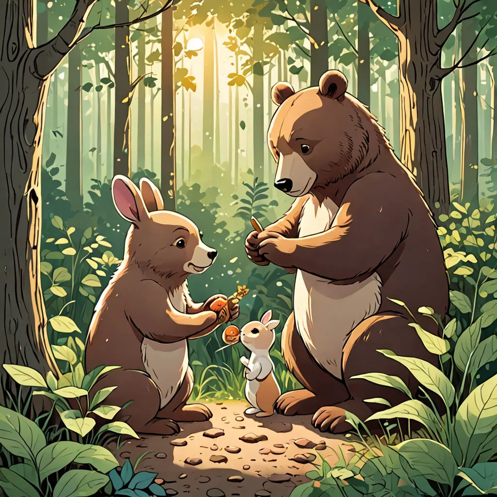 a bear and a bunny are in the woods eating carrots together, with a rabbit looking on from the ground, furry art, a storybook illustration, Chris LaBrooy, official art