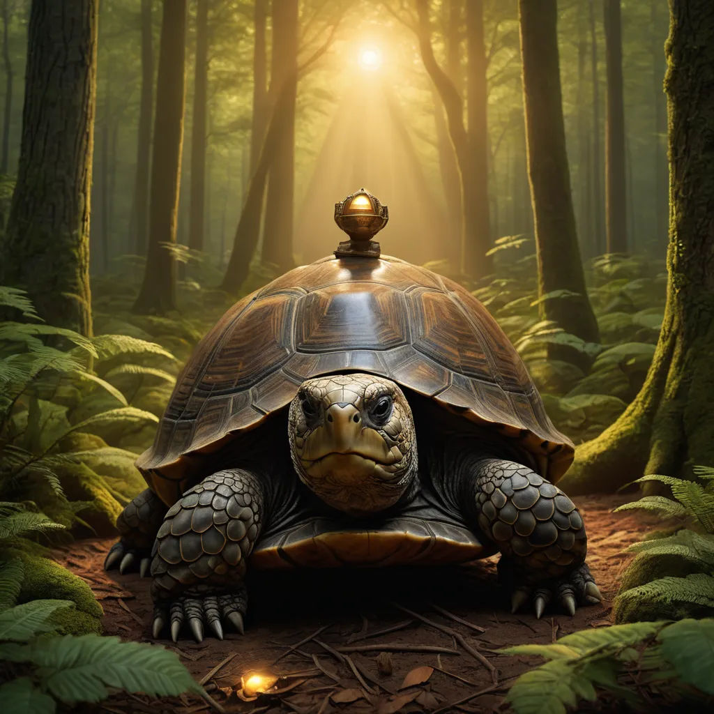 a large turtle in the middle of a forest with a light shining on it's head and head, magic realism, a detailed matte painting, Chris LaBrooy, highly detailed digital painting