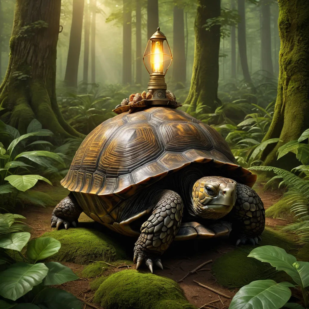 a turtle with a light on its head in the middle of a forest with green plants and trees and a light bulb on its head, magic realism, a storybook illustration, Chris LaBrooy, highly detailed digital painting
