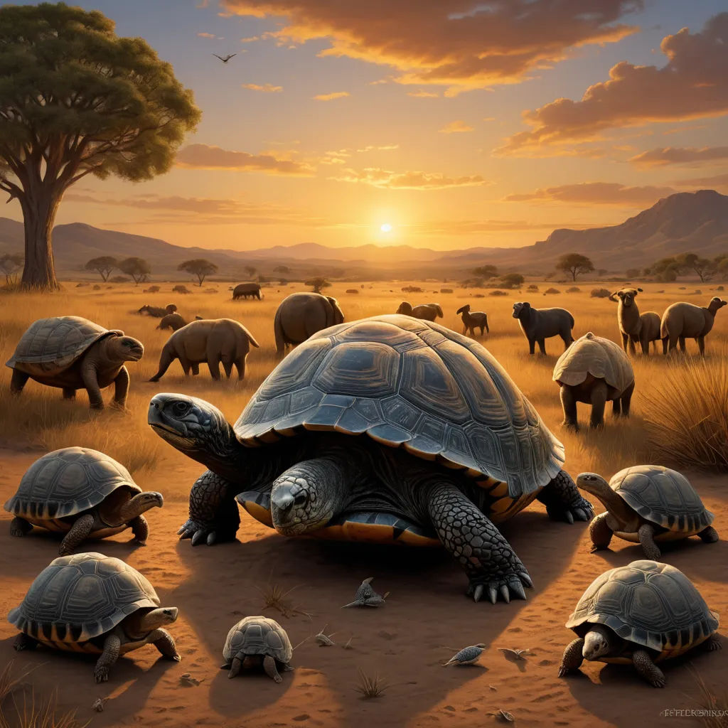 a painting of a turtle and its babies in the desert at sunset with other animals in the background and a sunset in the background, fantastic realism, a storybook illustration, Chris LaBrooy, highly detailed digital painting