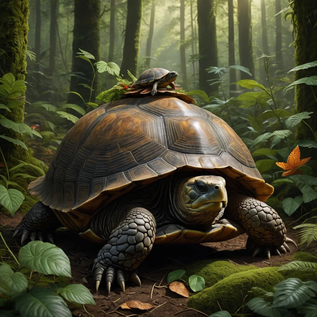 a painting of a turtle in the middle of a forest with leaves and flowers on its back and a turtle on its back, magic realism, a detailed matte painting, Chris LaBrooy, highly detailed digital painting