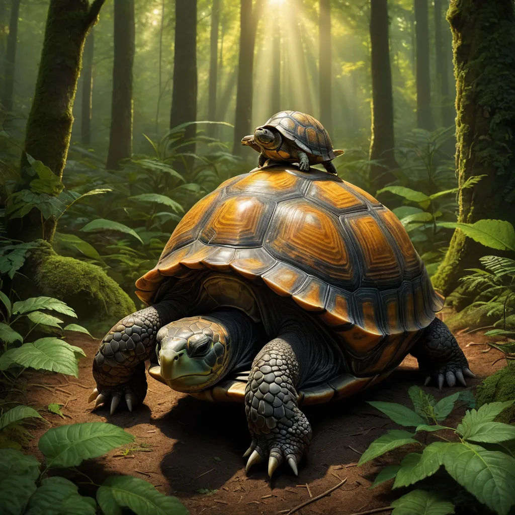 a turtle and a turtleling are sitting on a dirt path in the middle of a forest with sunbeams, massurrealism, a storybook illustration, Chris LaBrooy, highly detailed digital painting