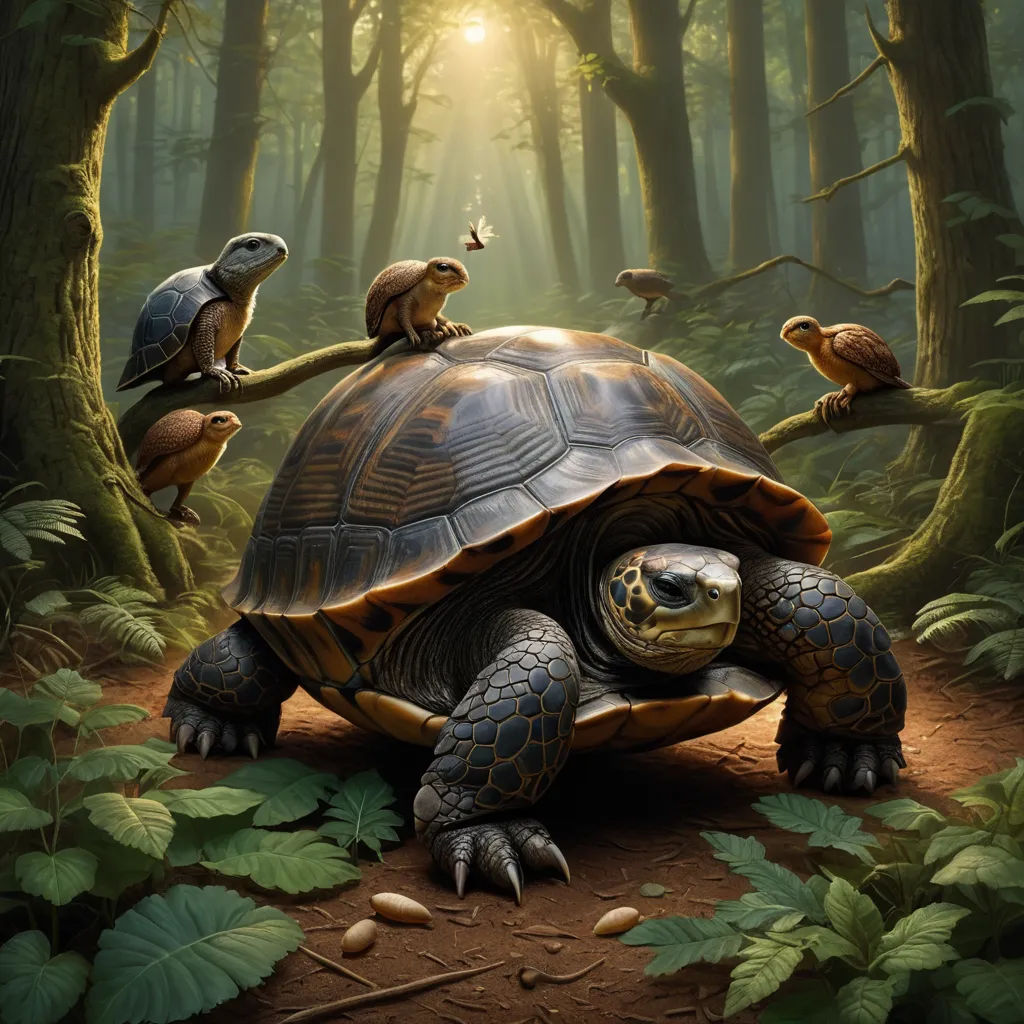 a turtle with many birds on its back in the woods with trees and leaves around it, and a sunbeam in the background, magic realism, a storybook illustration, Chris LaBrooy, highly detailed digital painting
