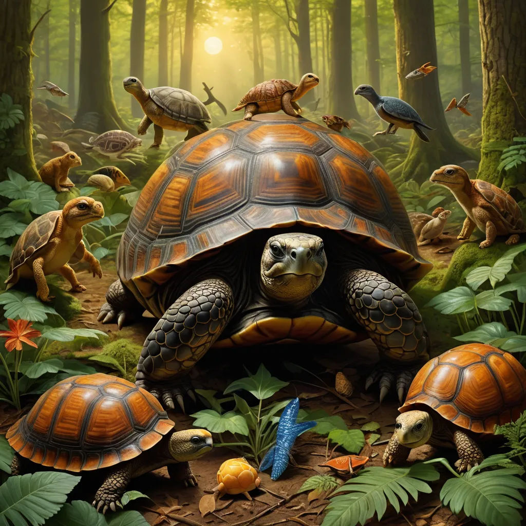 a painting of a turtle and other animals in a forest with trees and plants and leaves on the ground, fantasy art, a storybook illustration, Chris LaBrooy, highly detailed digital painting