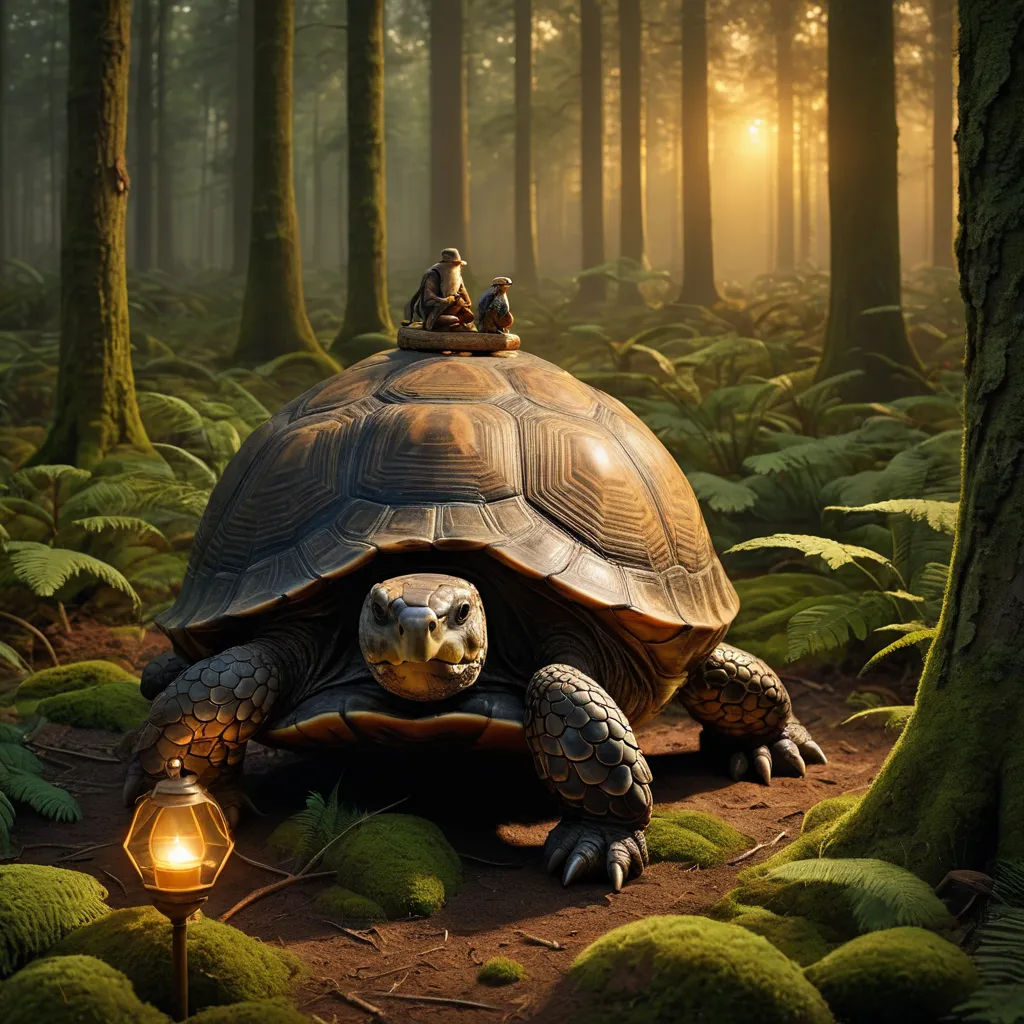 a large turtle with a lantern on its head in the middle of a forest with trees and grass and a light on its head, magical realism, a storybook illustration, Chris LaBrooy, storybook illustration