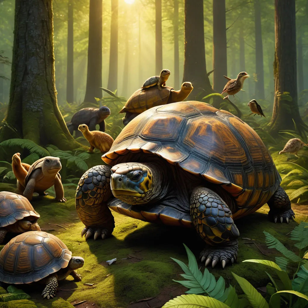 a group of turtles in a forest with birds on their backs and on the back of them, all looking at the same direction, photorealism, a detailed matte painting, Chris LaBrooy, highly detailed digital painting