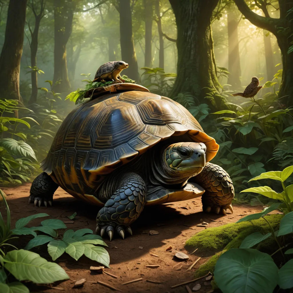 a turtle with a bird on its back in the forest with leaves and plants around it, and a bird perched on top of the turtle, photorealism, a detailed matte painting, Chris LaBrooy, highly detailed digital painting