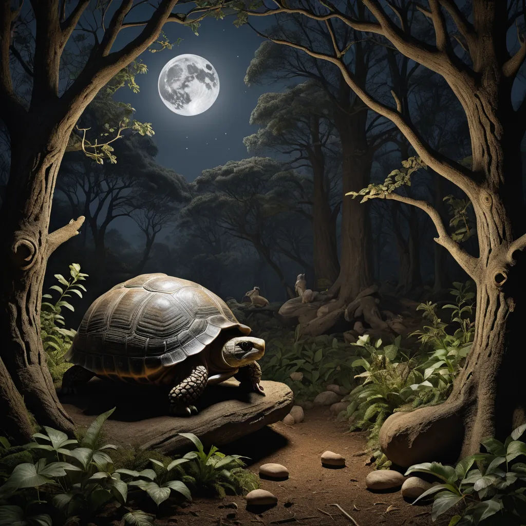 a turtle is sitting on a rock in the woods at night with a full moon in the background and a forest scene with rocks and trees, massurrealism, a storybook illustration, Chris LaBrooy, highly detailed digital painting