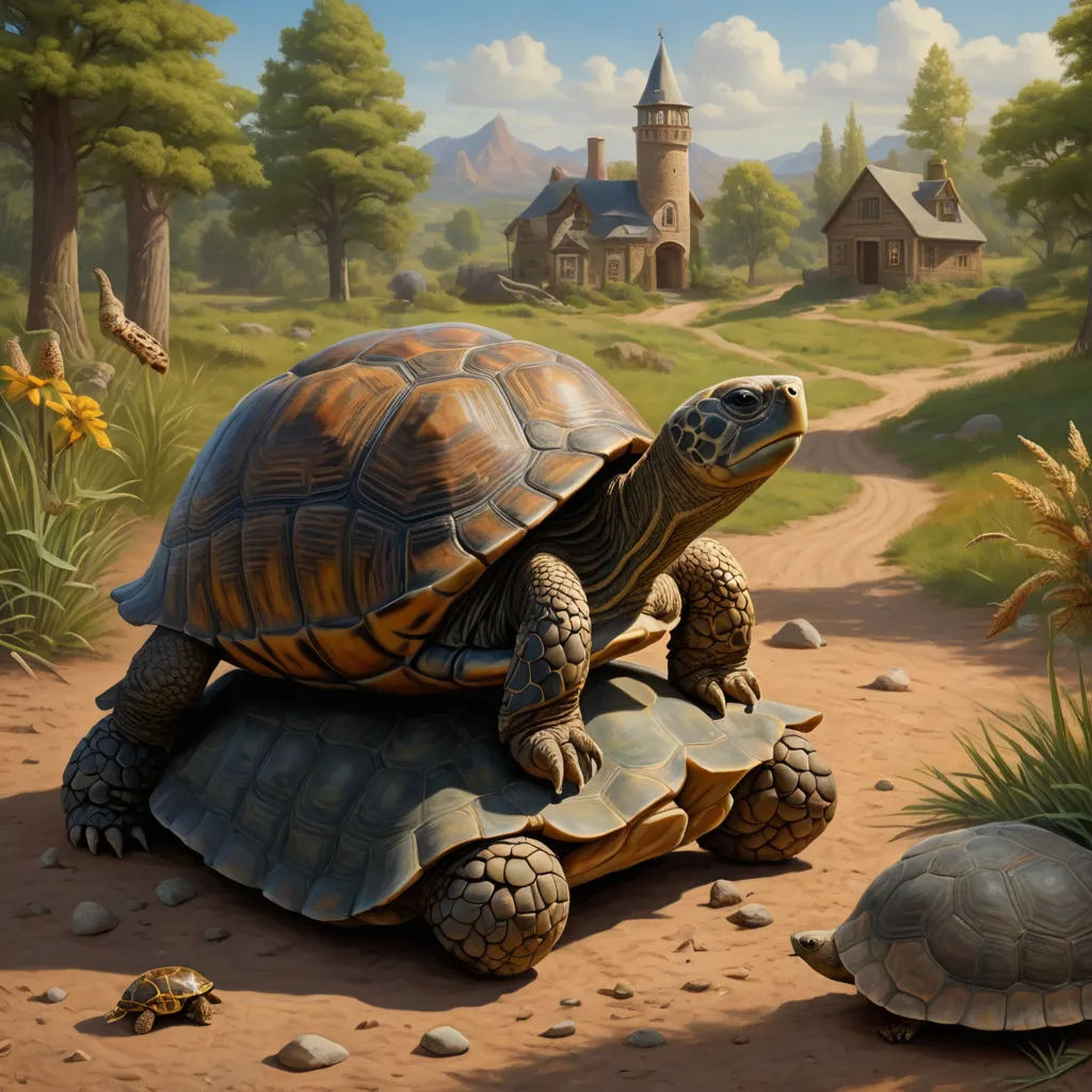 a painting of a turtle and a turtle on a dirt road with a church in the background and a few trees, american scene painting, a storybook illustration, Brothers Hildebrandt, highly detailed digital painting