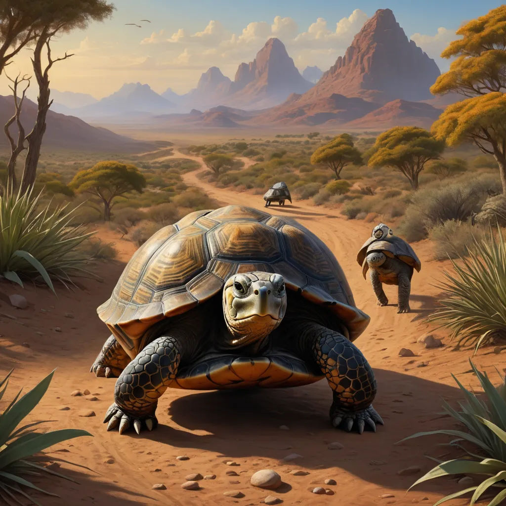 a painting of a turtle and two elephants walking in the desert with mountains in the background and a desert landscape, fantasy art, a digital painting, Chris LaBrooy, highly detailed digital painting