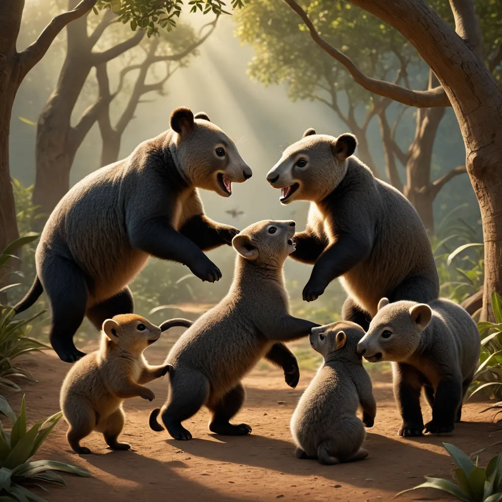 a group of animals standing on top of a dirt field next to trees and bushes with sunlight shining through the trees, furry art, a storybook illustration, Chris LaBrooy, promotional image