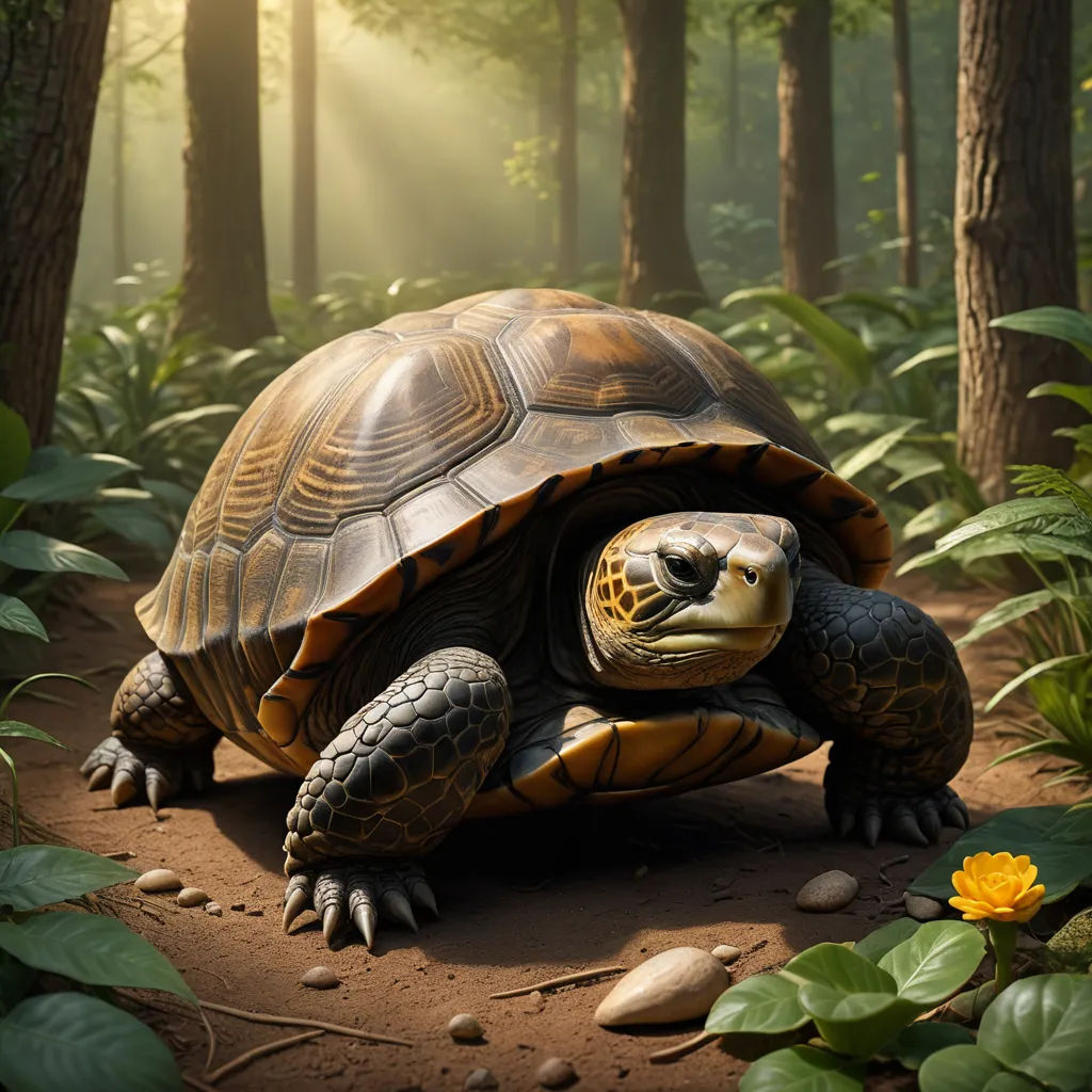 a large turtle walking through a forest filled with trees and plants and rocks and leaves on the ground and a yellow flower in the foreground, photorealism, a 3D render, Chris LaBrooy, ultra realistic digital art