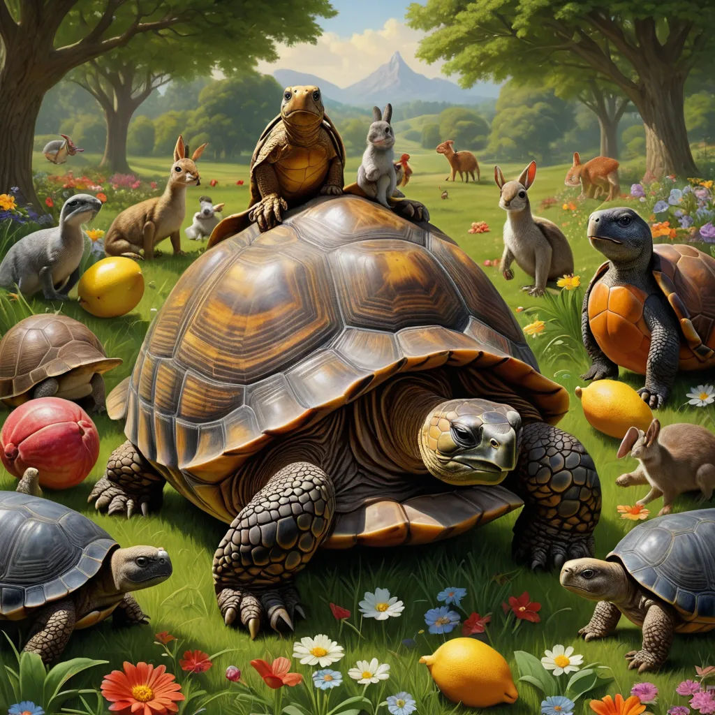 a painting of a turtle and many other animals in a field of grass and flowers with trees in the background, fantastic realism, an oil painting, Chris LaBrooy, walton ford