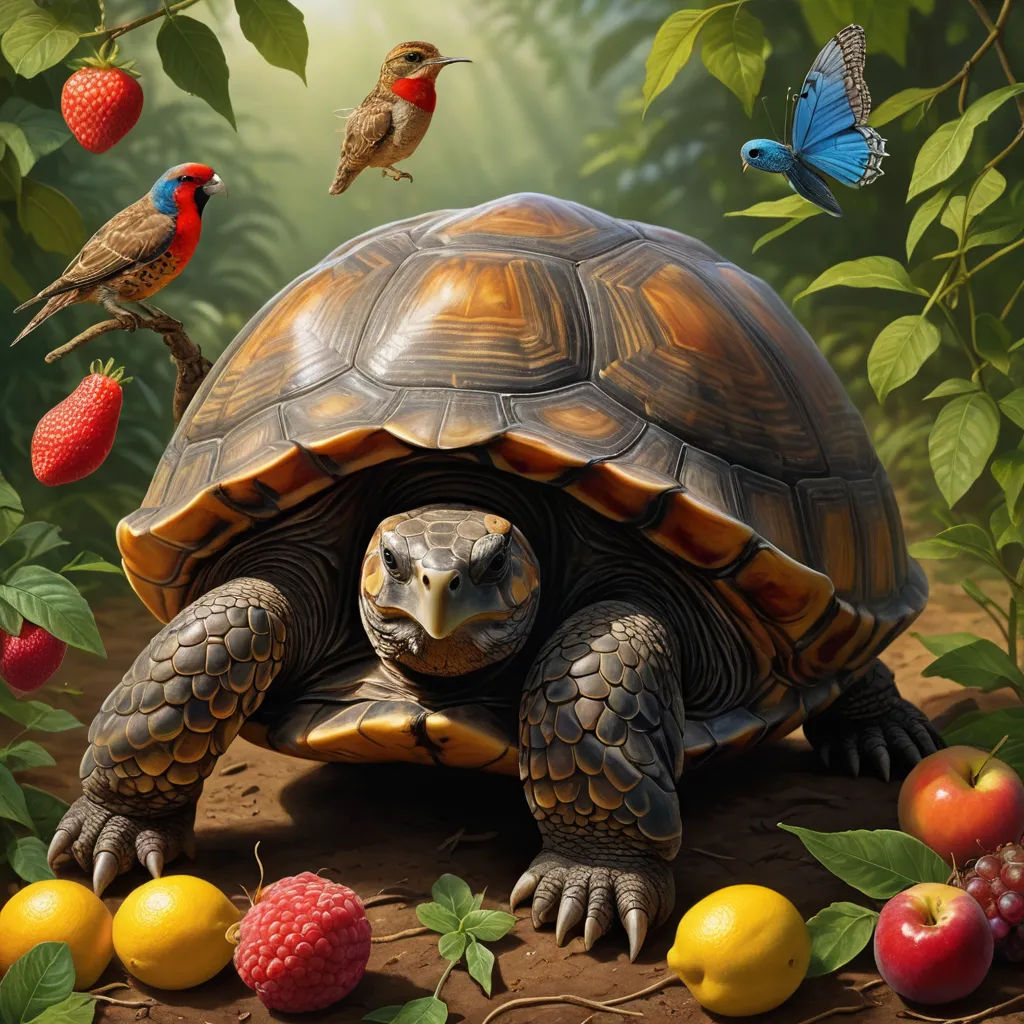 a turtle and birds are standing in the forest with fruit and berries on the ground and a bird is sitting on top of the turtle, magic realism, an airbrush painting, Chris LaBrooy, highly detailed digital painting