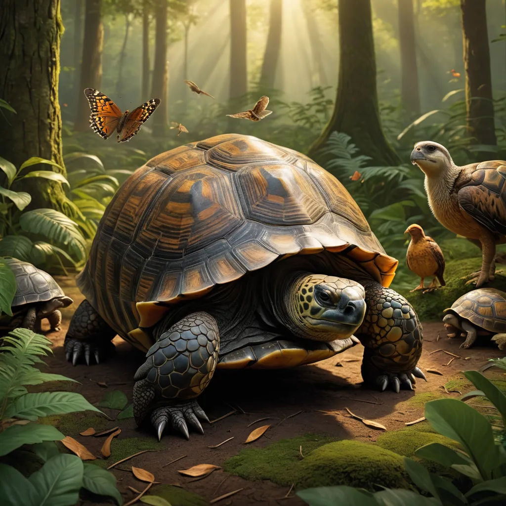 a painting of a turtle and two birds in a forest with a baby turtle on the ground and a baby turtle on the ground, magic realism, a storybook illustration, Chris LaBrooy, highly detailed digital painting