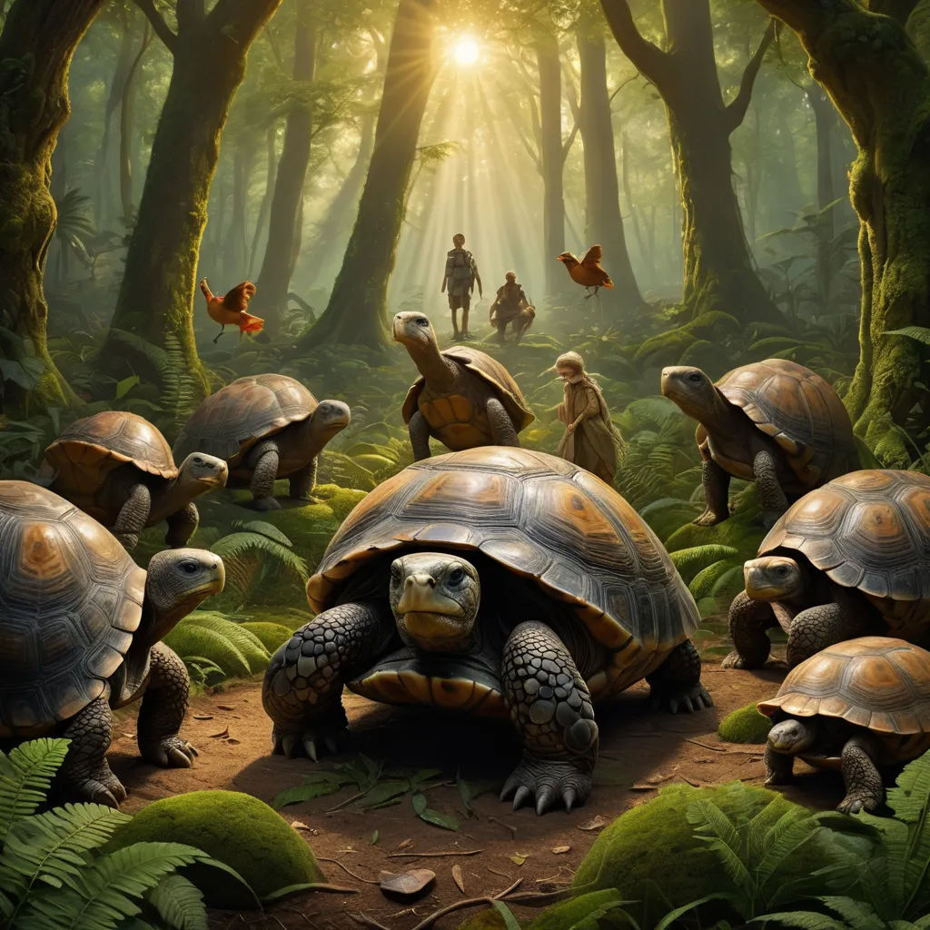 a group of people riding on top of turtles in the forest with butterflies flying above them and a man on a horse, magical realism, a detailed matte painting, Chris LaBrooy, golden ratio illustration
